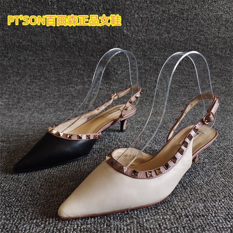 ptson百田森品牌断码新款真皮女鞋时尚铆钉一字扣尖头细跟凉鞋夏