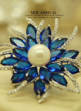 XZ332蓝色大烟花合成水晶胸针女高档气质胸花别针西装配饰潮新