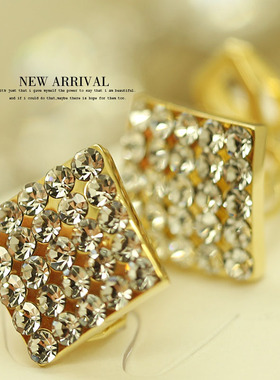 E39优雅白色菱形耳夹合成水晶坠长流苏耳环耳钉小众新款礼物新品