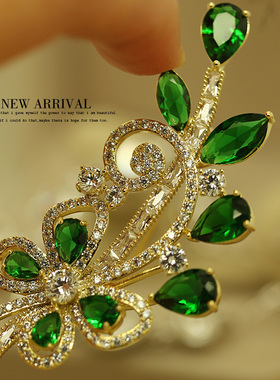 XZ595绿色长叶合成锆石水晶韩版胸针女胸花女韩国饰品领夹别针丝