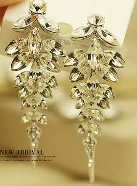 E12白色流苏奥地利合成水晶耳环耳环坠耳坠耳韩版耳环女针耳坠
