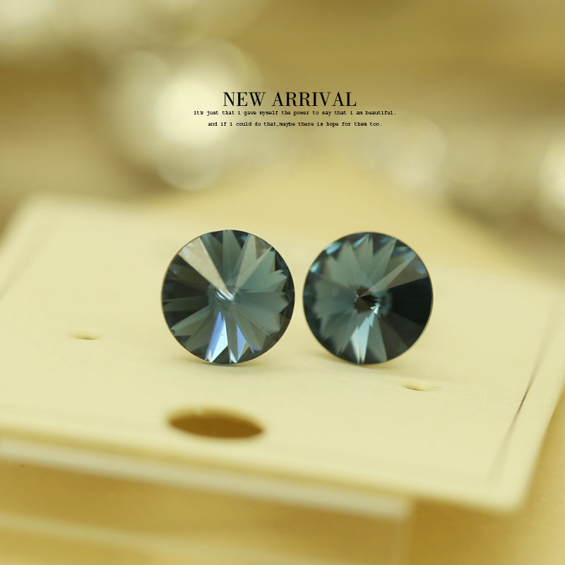 E08蓝色圆形奥地利合成水晶坠耳坠耳夹韩版耳环女耳坠