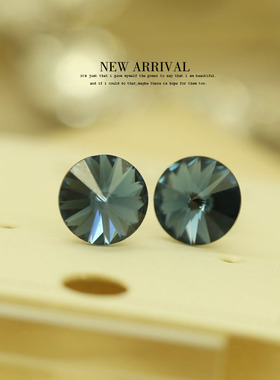 E08蓝色圆形奥地利合成水晶坠耳坠耳夹韩版耳环女耳坠