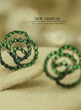 E25绿色山茶花形耳钉合成水晶坠长流苏耳环耳钉小众新款礼物新品