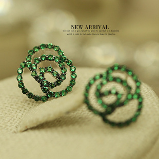 E25绿色山茶花形耳钉合成水晶坠长流苏耳环耳钉小众新款礼物新品