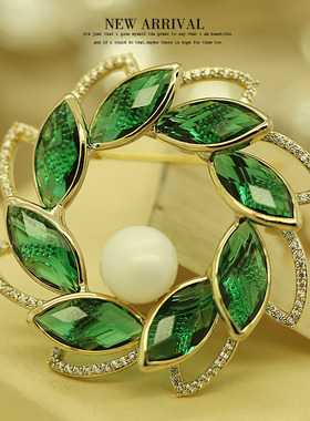 XZ170绿色绕圆合成水晶胸针女高档气质胸花别针西装配饰潮新