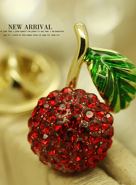 LZ169红色樱桃合成水晶防走光韩国领针女领扣衬衫夹胸花收领口