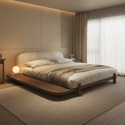 纳威日式侘寂风床胡桃木色榻榻米床免洗科技布板式床主卧2025新款