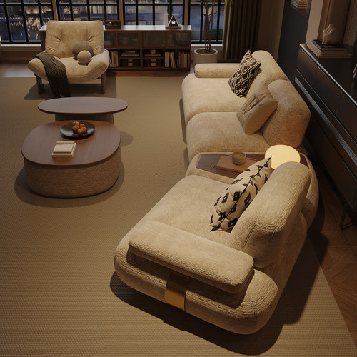 纳威复古风客厅沙发异形转角雪尼尔布艺设计师创意置物边几高级感