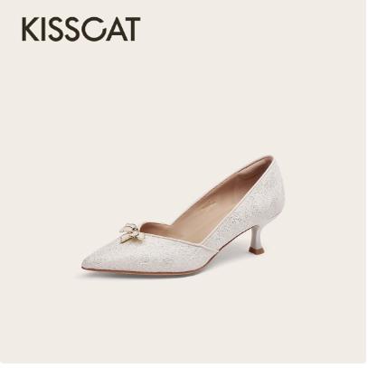KISSCAT接吻猫2025春款国风高跟鞋尖头细跟婚鞋女单鞋KA65125-13