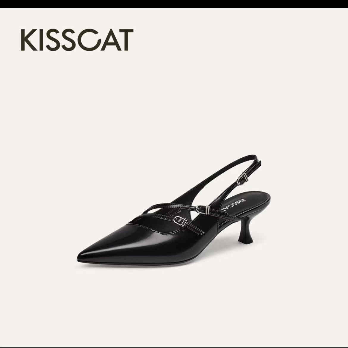 KISSCAT接吻猫2025夏季新款空鞋高跟鞋尖头时装凉鞋女KA65149-11
