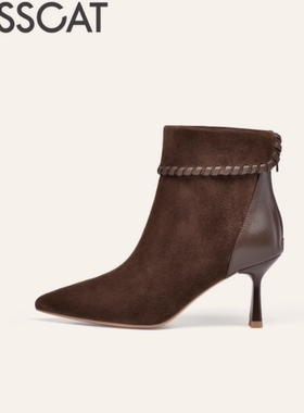 接吻猫[咖啡街]2025冬老钱高跟靴复古尖头羊绒时装靴女KA65729-11