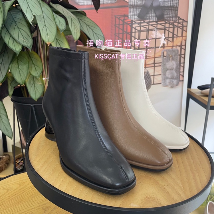 KISSCAT牛皮复古方头粗跟短靴子
