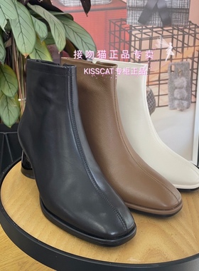 KISSCAT接吻猫2022秋季新款牛皮复古方头粗跟女短靴子 KA31508-10