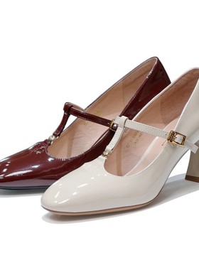 KISSCAT接吻猫2023春款圆头高粗跟一字带修脚女单鞋KA43203-11