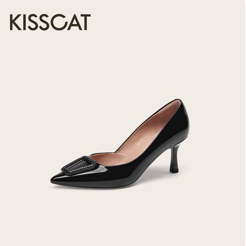 KISSCAT接吻猫2025春季新款通勤尖头高跟浅口单鞋KA65121-12