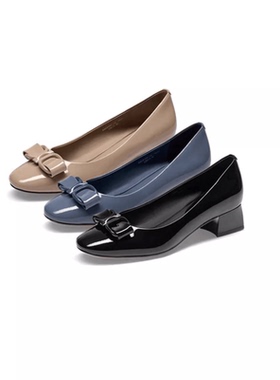 KISSCAT/接吻猫2024春新款蝴蝶结粗低跟漆皮舒适单鞋女KA54199-10