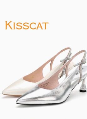 接吻猫2025夏新款尖头后空凉鞋时尚通勤银色时装凉鞋女KA65316-12