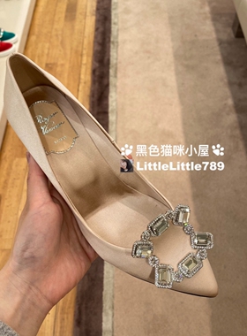 国现英国比斯特折Roger RV气质小尖头水钻方扣裸色缎面高跟鞋