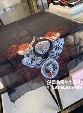 英国比斯特折扣McqueenMCQ麦昆皇冠骷髅头刺绣真丝黑色丝巾现货