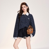 OTEBANBASS25SS刺绣蕾丝拼接袖 口上衣女翻领条纹撞色长袖 卫衣T恤