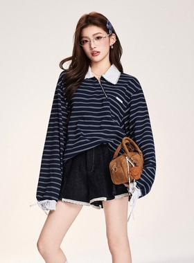 OTEBANBASS25SS刺绣蕾丝拼接袖口上衣女翻领条纹撞色长袖卫衣T恤