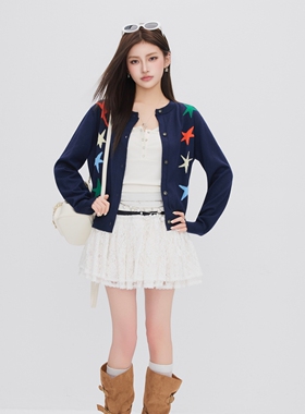 OTEBANBASS 26SS撞色星星提花针织开衫女长袖宽松休闲针织衫上衣