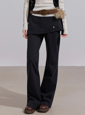 OTEBANBASS25SS假两件屁帘毛呢微喇裤女高腰显瘦休闲裤加绒阔腿裤