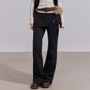 加绒阔腿裤 OTEBANBASS25SS假两件屁帘毛呢微喇裤 女高腰显瘦休闲裤