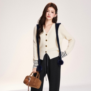 OTEBANBASS 两件套女V领毛衣 25SS学院风蝴蝶扣撞色披肩针织开衫