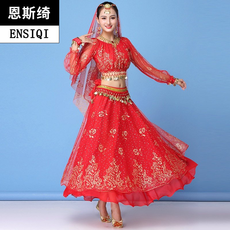 2020舞蹈新款民族服新疆舞天竺少女演出服雪纺印度舞服装成人套装