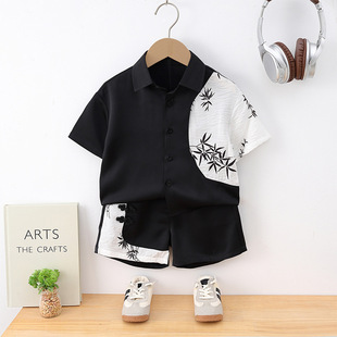洋气竹叶黑色拼接衬衣童装 男童套装 儿童短袖 韩版 一件代发 2025夏季