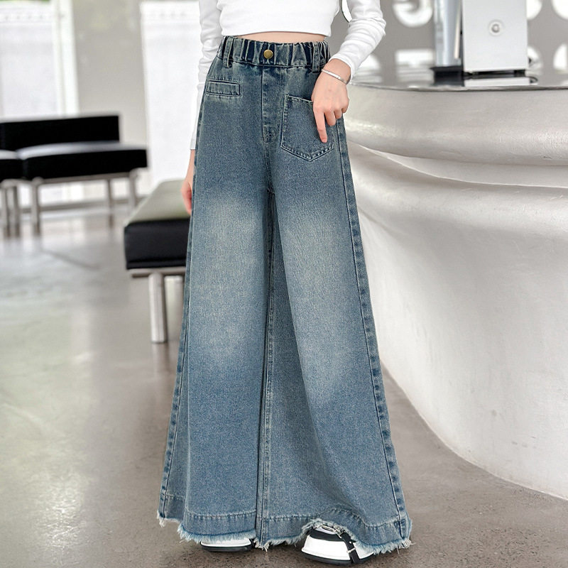 女童春秋款裤子2025新款韩版中大童宽松直筒阔腿牛仔裤毛边长裤潮,童装/婴儿装/亲子装,儿童牛仔裤,淘宝优惠券,粉丝福利购,淘宝优惠卷