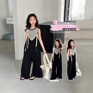 女童背带裤套装两件套小女孩新款夏装儿童条纹短袖中大童休闲百搭