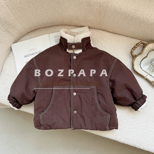 2025冬季新款男童韩系休闲夹克儿童宝宝立领毛绒纽扣加绒保暖外套