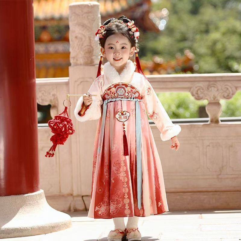 汉服女童冬款儿童古风古装拜年服女宝宝加绒中国风唐装演出过年服