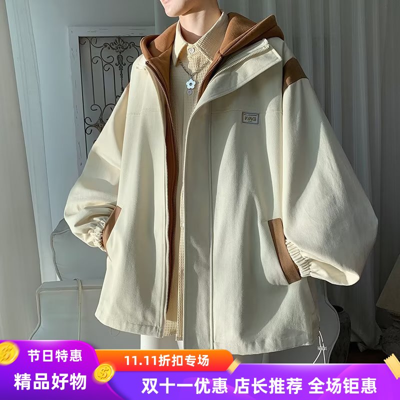 假两件连帽外套男秋冬款港风青少年高街上衣ins潮牌宽松休闲夹克