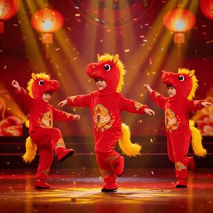 新款元旦马年喜庆演出服新年小马奔腾拜年舞蹈服马蹄声声儿童男女