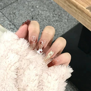 假指甲手工定制成品穿戴甲纯欲红棕金箔显白甲贴片可拆卸孕妇秋冬