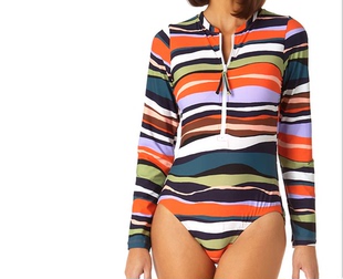 前拉链防晒泳衣随性条纹 长袖 买到赚到 美国单高品质女式