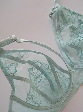 欧薄荷绿薄款蕾丝拼网纱有钢圈半透明文胸内衣70BC75ADEF80BF85CF