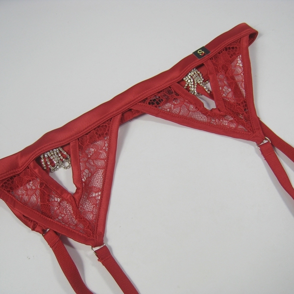 欧美单~红色蕾丝钻链四爪吊袜带