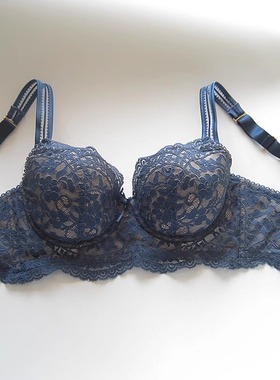 PS雅蓝色蕾丝有钢圈薄棉罩杯微聚拢上托磨毛材质内里70A75A7080DD