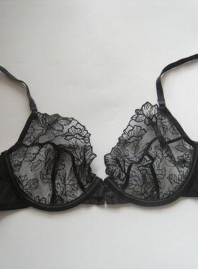 feel   playful~外贸黑色透明网纱刺绣有钢圈内衣小性感80C  bras