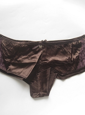 欧~推荐好货~丝滑巧克力色真丝拼蕾丝小平角女士短裤宽松版