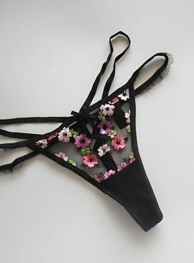bras~黑色精美透明刺绣蕾丝拼网纱女士中低腰款T裤丁字裤彩色小花