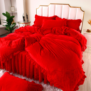 冬季红色结婚婴儿绒牛奶绒床裙款四件套珊瑚绒绒婚庆乔迁床上用品