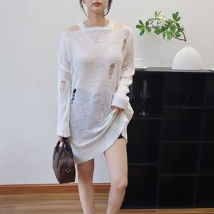 破洞宽松罩衫 中长款 上衣2025早秋新款 辣妹风露肩薄款 套头女 针织衫