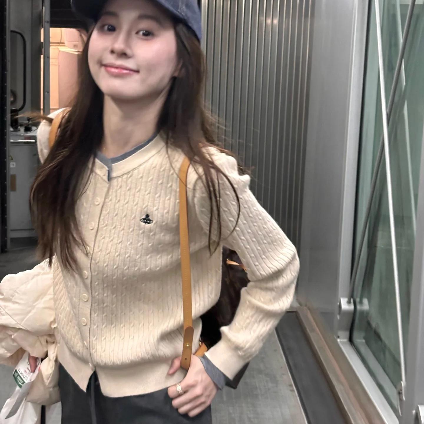 假两件刺绣麻花圆领针织毛衣开衫外套女设计感秋冬季新款时尚上衣