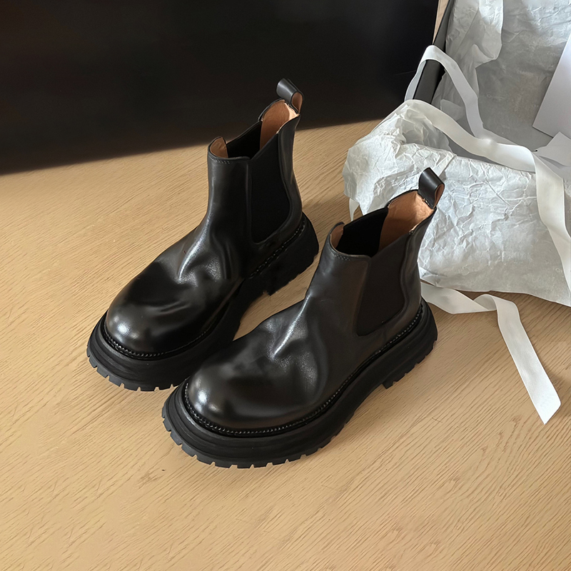 羊皮切尔西靴牛版真复古褶